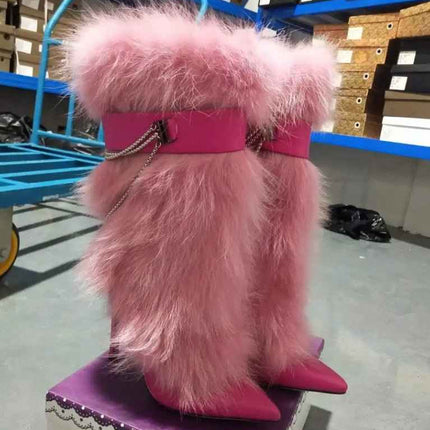 Pink Feather Pointed Toe Stiletto : Chain High Boots