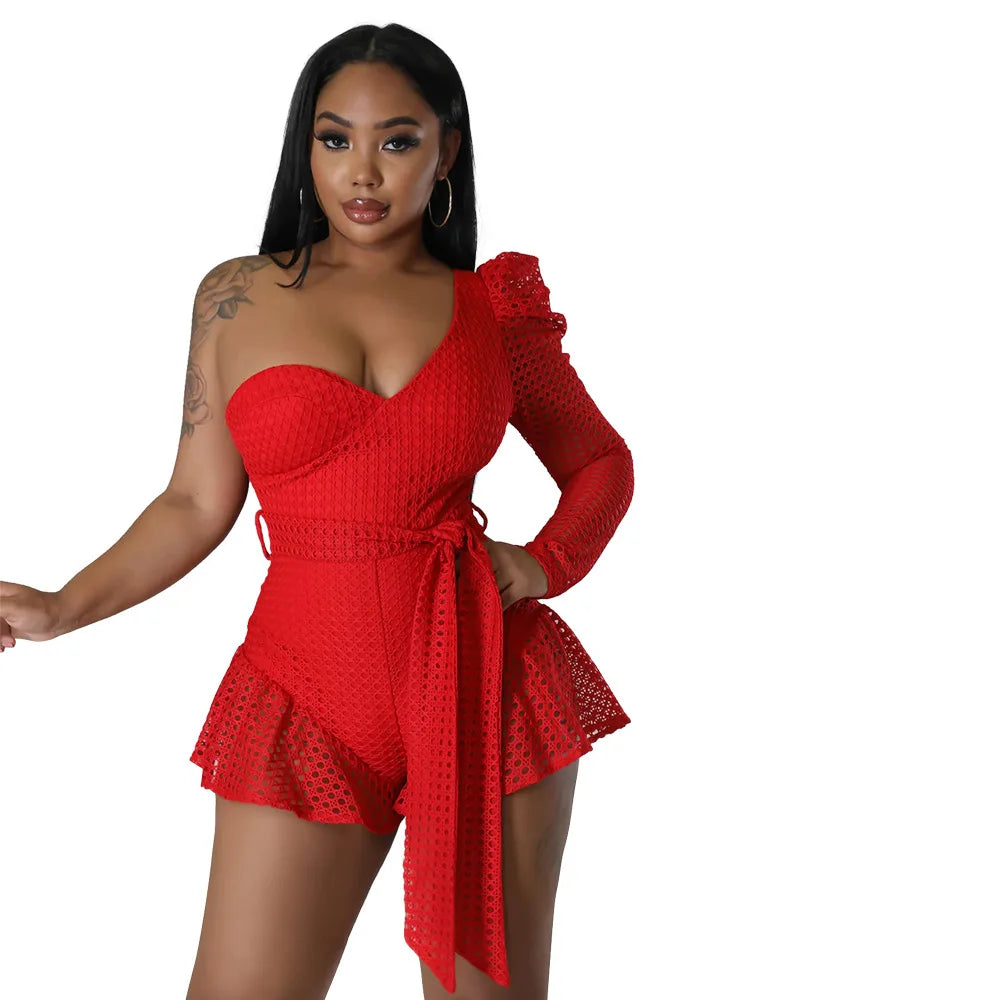 Oblique Shoulder Short Jumpsuit