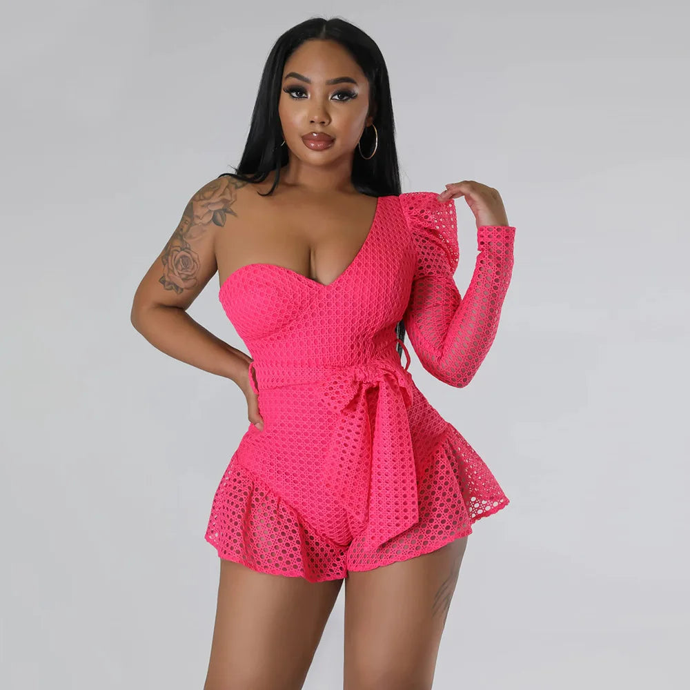 Oblique Shoulder Short Jumpsuit