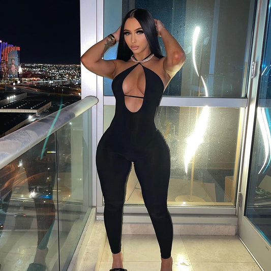 Sleeveless Halter Hollow Tight-Fitting Jumpsuit