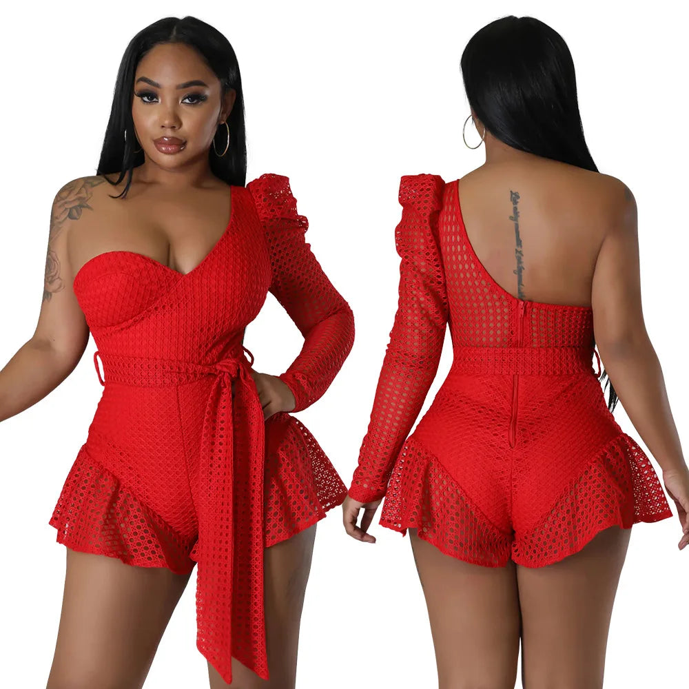 Oblique Shoulder Short Jumpsuit