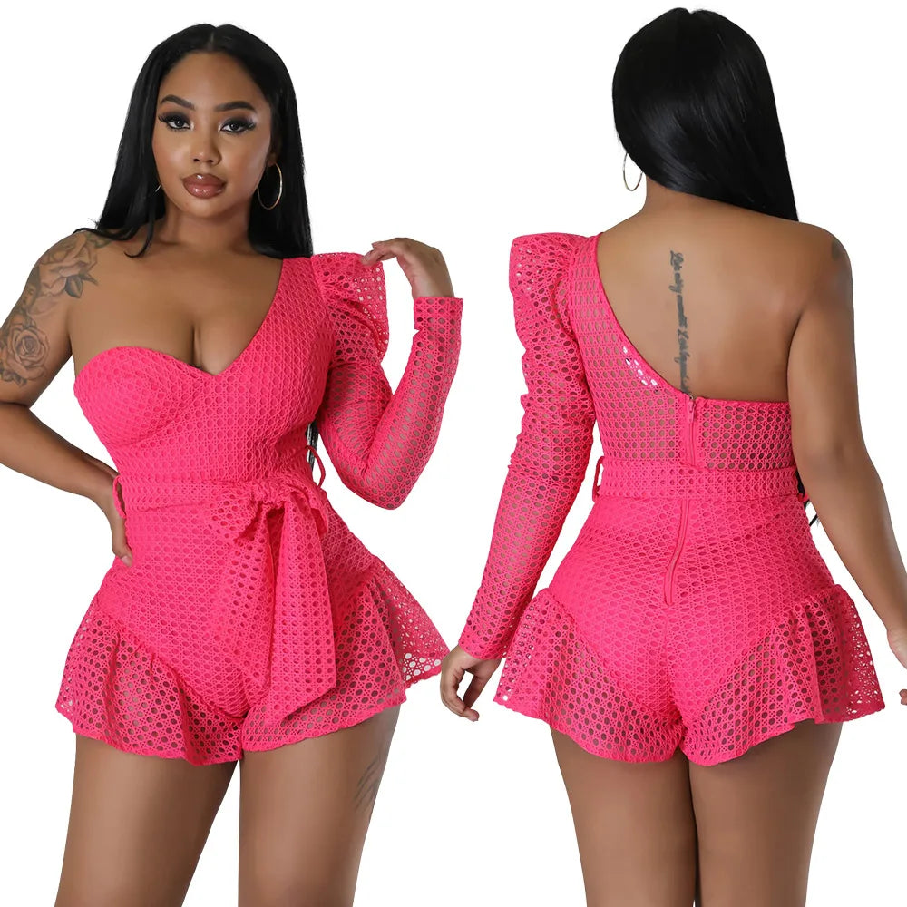 Oblique Shoulder Short Jumpsuit