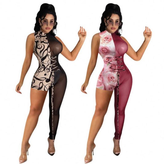 Lace Up Jumpsuit With Floral Print Design
