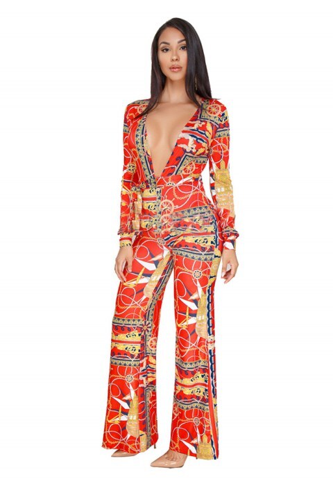 Printing Long Sleeve V-neck Wide Leg Jumpsuit