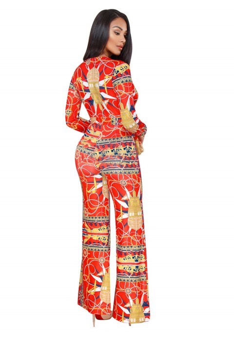 Printing Long Sleeve V-neck Wide Leg Jumpsuit