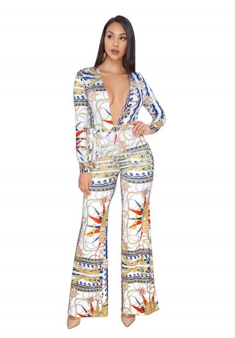 Printing Long Sleeve V-neck Wide Leg Jumpsuit