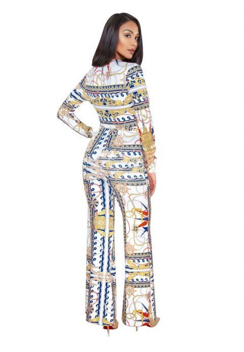 Printing Long Sleeve V-neck Wide Leg Jumpsuit