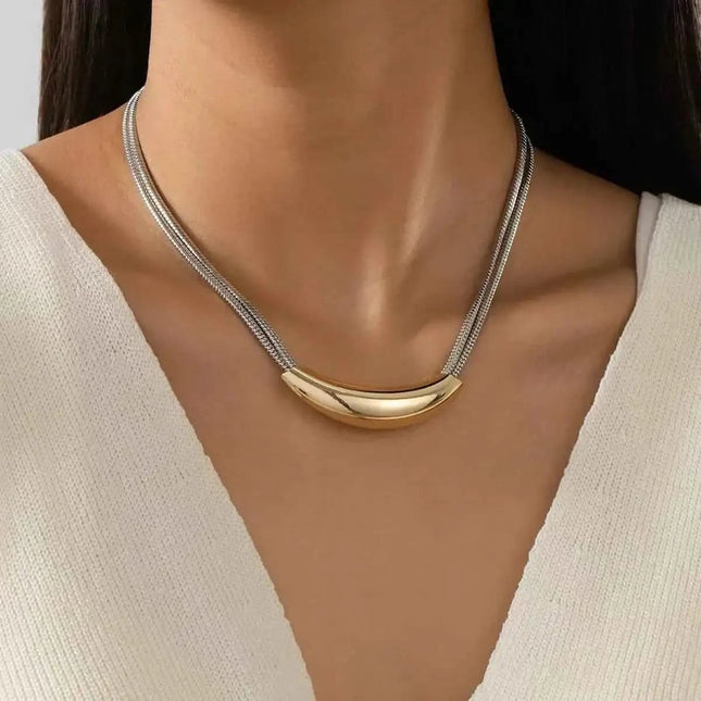 Two-Tone Alloy Curved : Pendant Snake Necklace Gold One Size