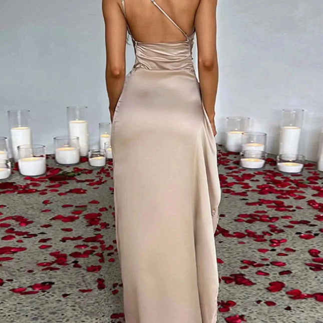 One Shoulder Satin Dress : High Slit, , ["Refined Rebel","Ship From Overseas"], ꫀꪶꫀᧁꪖꪀᥴꫀ꠸ᠻꪗ..
