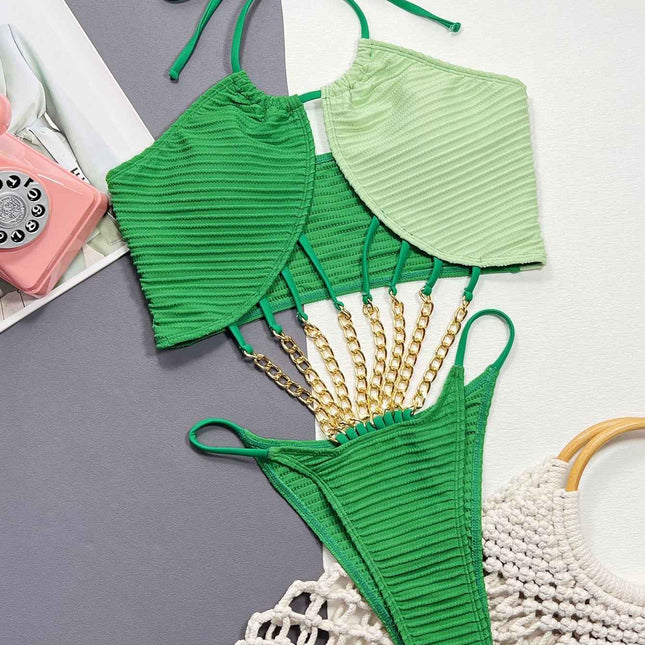 Contrast Halter Neck : Chain Detail One-Piece Swimsuit