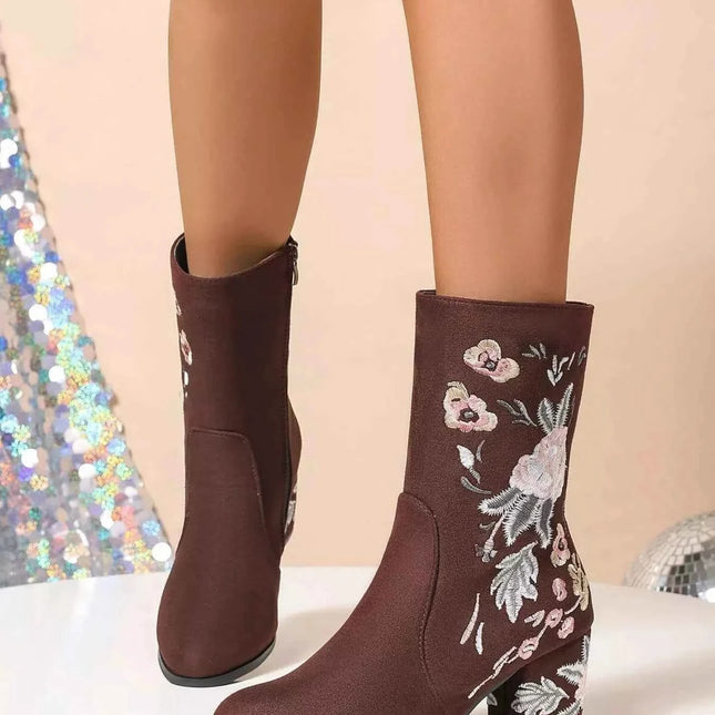 Floral Embroidered : Block Heel Boots