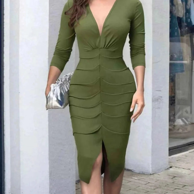 Ruched Deep V-Neck Bodycon Midi Dress Moss