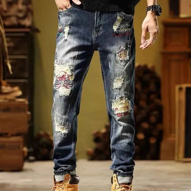 Men's Full Size Distressed Wash Slim Fit Jeans Plus Size