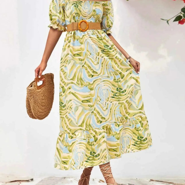 Smocked Printed Puff Sleeve : Midi Dress, , ["Ship From Overseas","Yio Moda"], ꫀꪶꫀᧁꪖꪀᥴꫀ꠸ᠻꪗ..