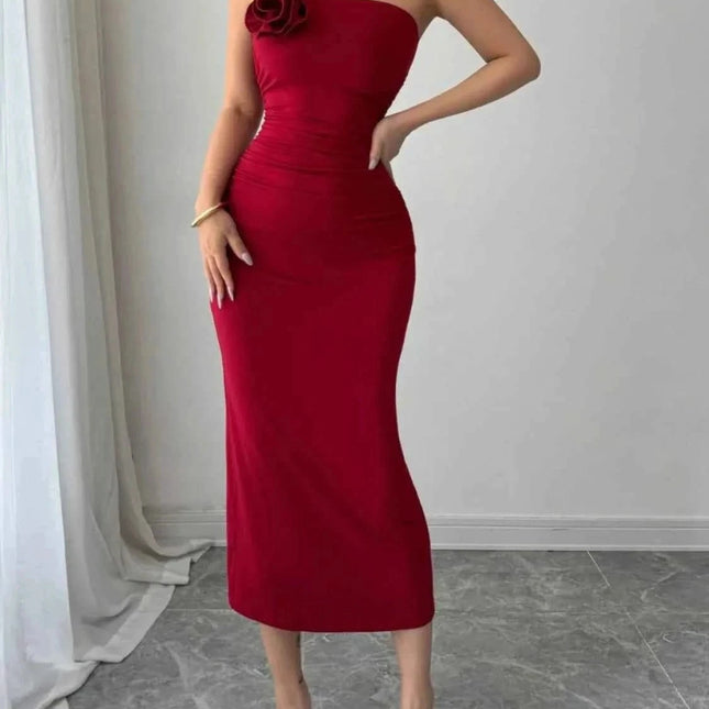 Slit Back Flower Tube Midi Dress