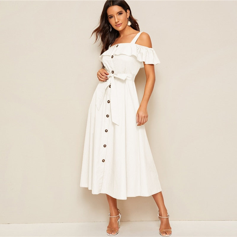 White Button-Down MIDI Dress