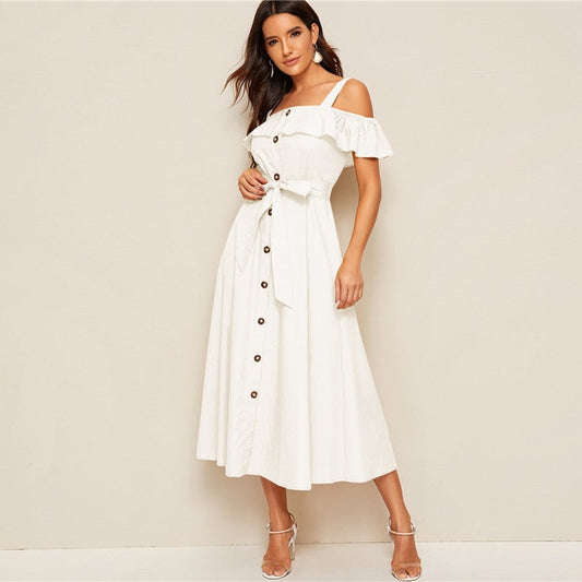 White Button-Down MIDI Dress