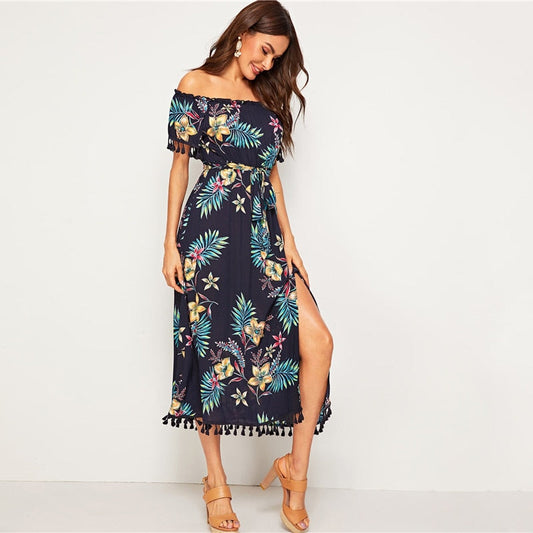Navy Tropical Print Tassel Long Dresses